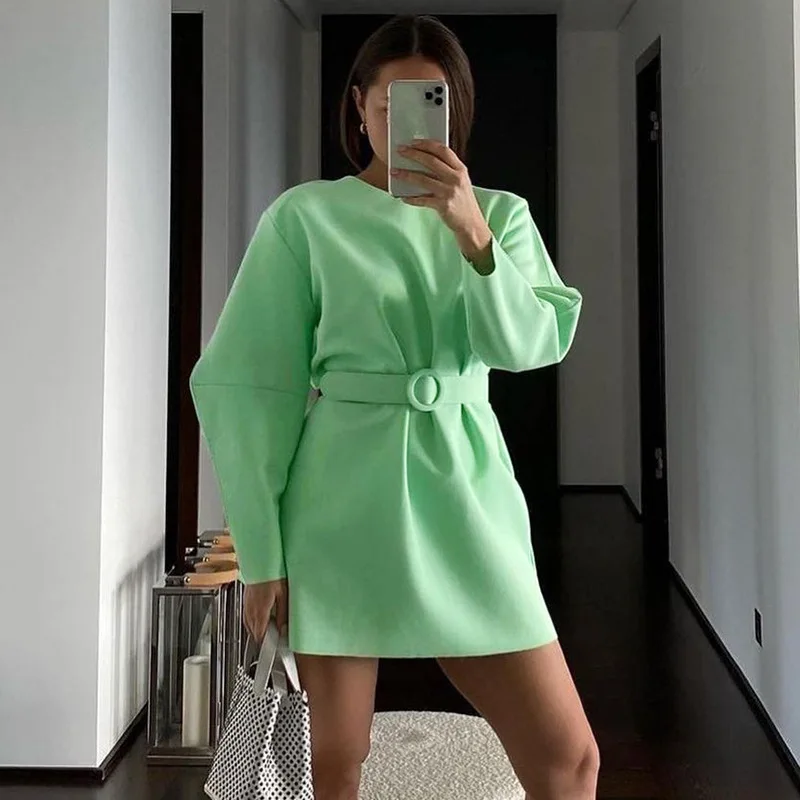 

2021 Simple Casual O Neck Green Women Hoodies Mini Sweatshirts Dress Autumn Sexy Club Long Sleeve with Belt Party Y2K Dresses