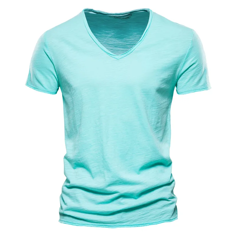 Brand Quality 100% Cotton Men T-shirt V-neck Fashion Design Slim Fit Soild T-shirts Male Tops Tees Short Sleeve T Shirt For Men