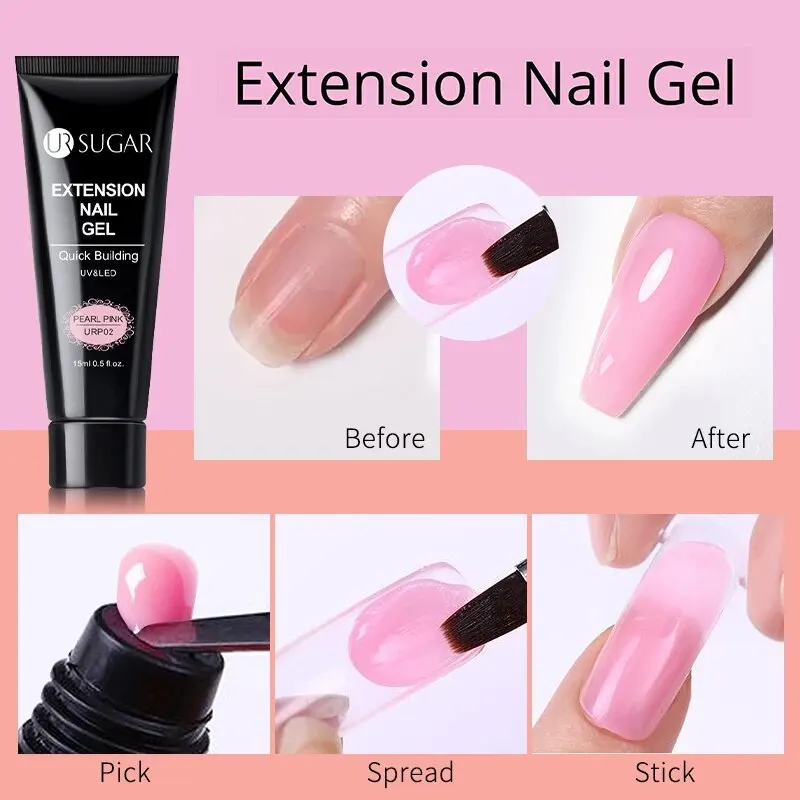 UR SUGAR 반영구 퀵 익스텐션 젤, 누드 맥아 핑크 컬러, 광택제 바니시, UV LED 흡수 젤, 15ml, 세트당 6 개