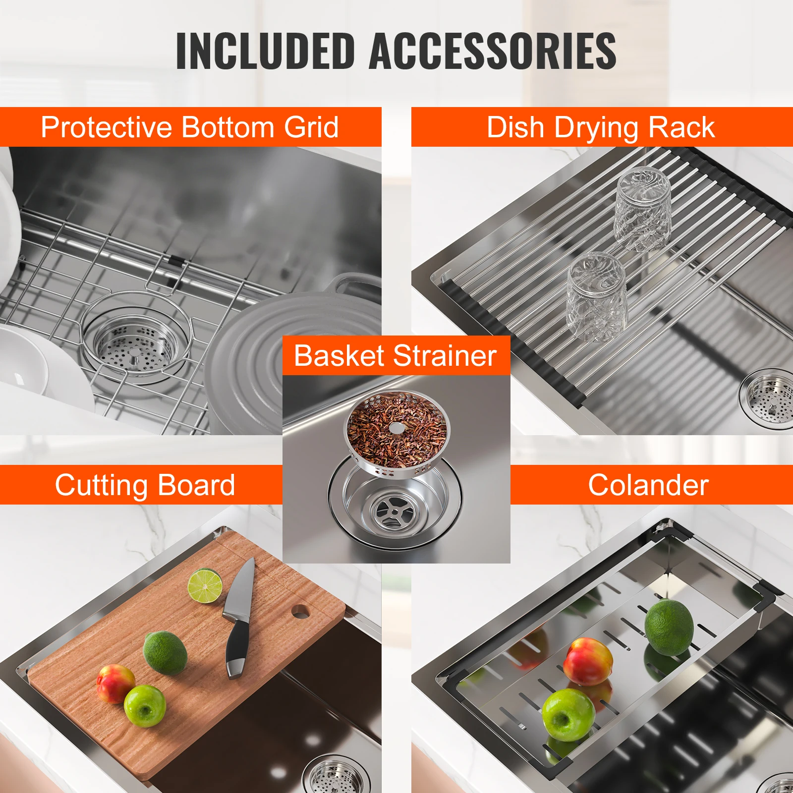 VEVOR 25-32inch Stainless Steel Kitchen Sink Undermount Single Bowl Workstation Step Sink with Cutting Board and Basket Strainer 6