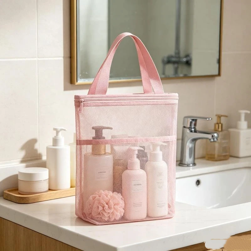 Nuova borsa tote in rete traspirante con cerniera e maniglia, borsa organizer portatile per bagno, dormitorio universitario, palestra e viaggi - immagine 3