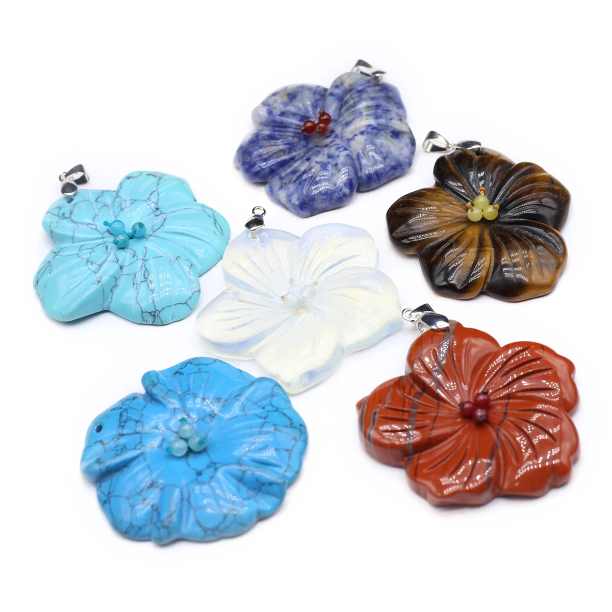5PCS Wholesale Natural Semiprecious Stone Random Color Five petal Flower Shape Pendant Jewelry Making DIY Necklace Accessories