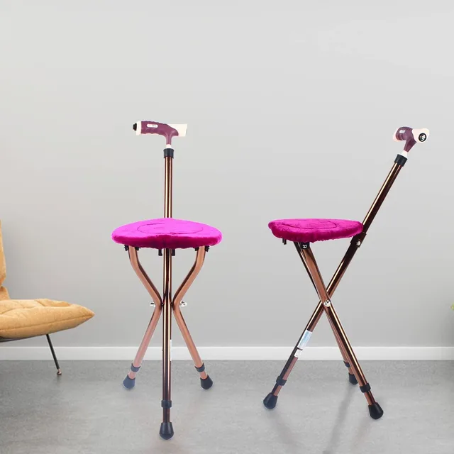 Folding Walking Stick Seat, Adjustable Tripod Cane Chair Stool with Seat Seniors Elderly Walking Stick Chair for Travel Hiking