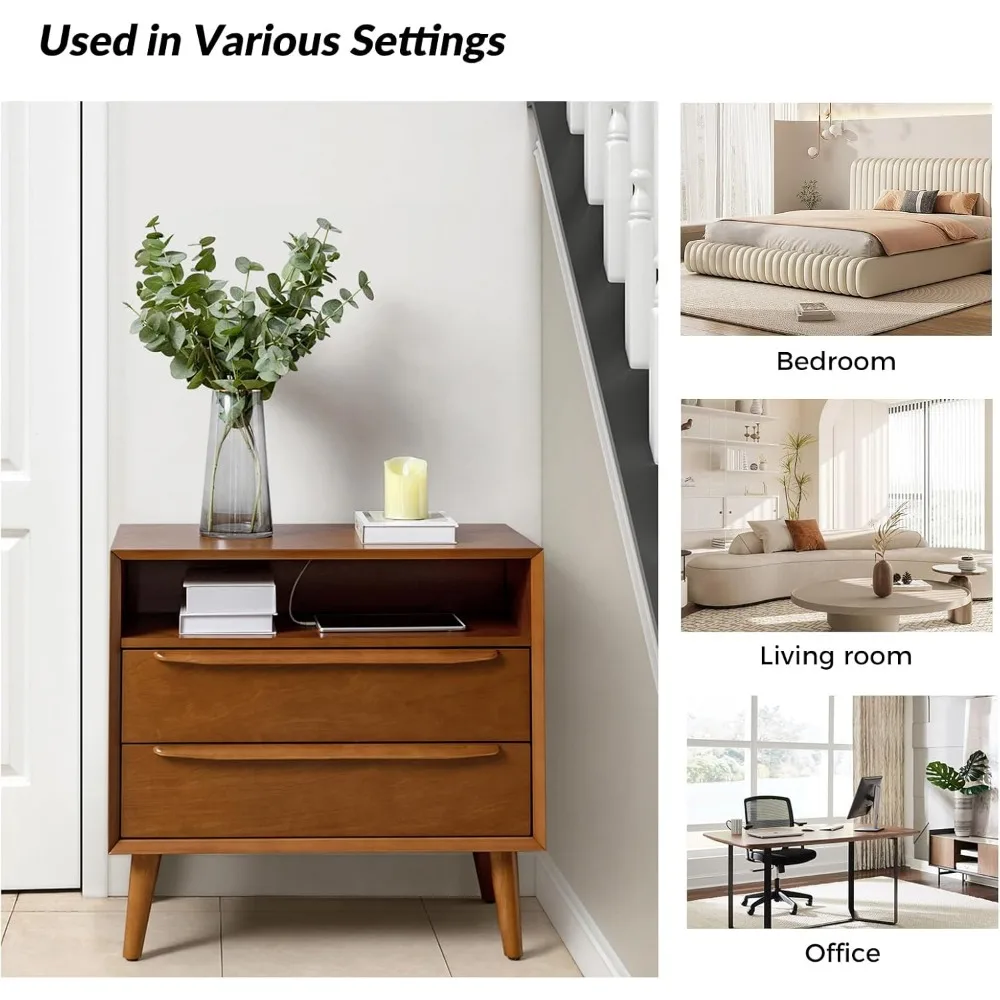 Nightstand with Charging Station, Set of 2 Mid-Century 2 Drawer and Open Shelf Dresser for Bedroom, Fluted Bedside Table 6