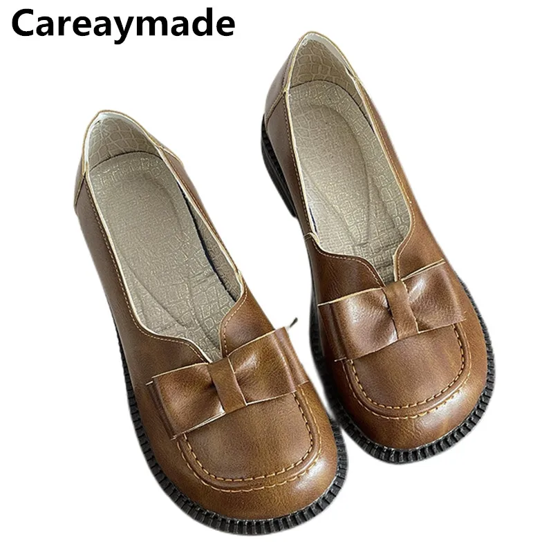 

Careaymade-French round toe loafers,women's flat British style retro single shoes,shallow women one foot small leather shoes