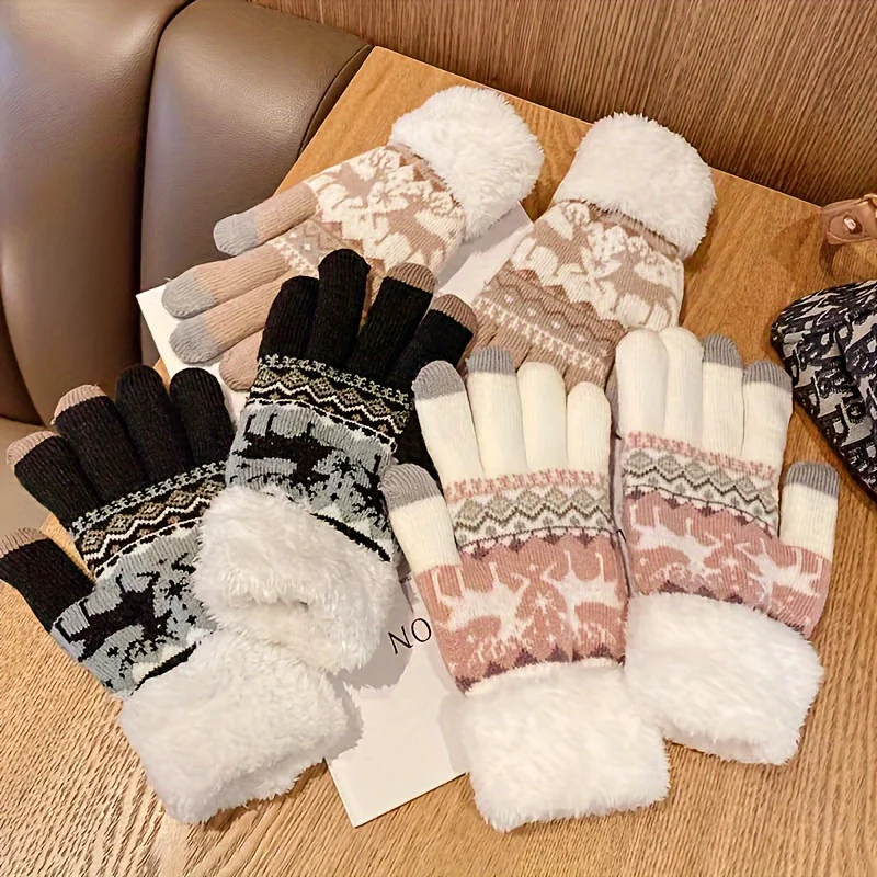 Cozy Reindeer Knit Touchscreen Gloves with Plush Cuff