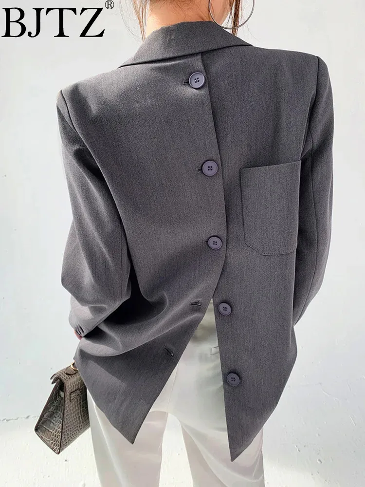 

BJTZ Tide Designer Back Button Blazer For Women Gray Notched Long Sleeve Fashion Female Coat 2024 Spring New Clothing