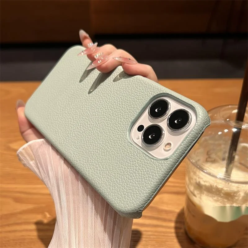 Étui de téléphone en cuir vert demi-pack, nouveau iPhone promax, sensation haut de gamme, 14 13 ensembles, 12 niche, 15 ultra anti-chute,_voghion.com