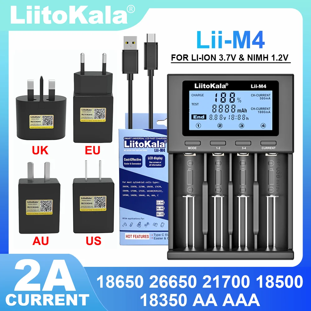 Battery Charger LiitoKala Lii-M4 Lii-M4S 5V EU AU UK US Plug For 3.7V 18650 26650 21700 14500 18350 17500 1.2V AA AAA A C