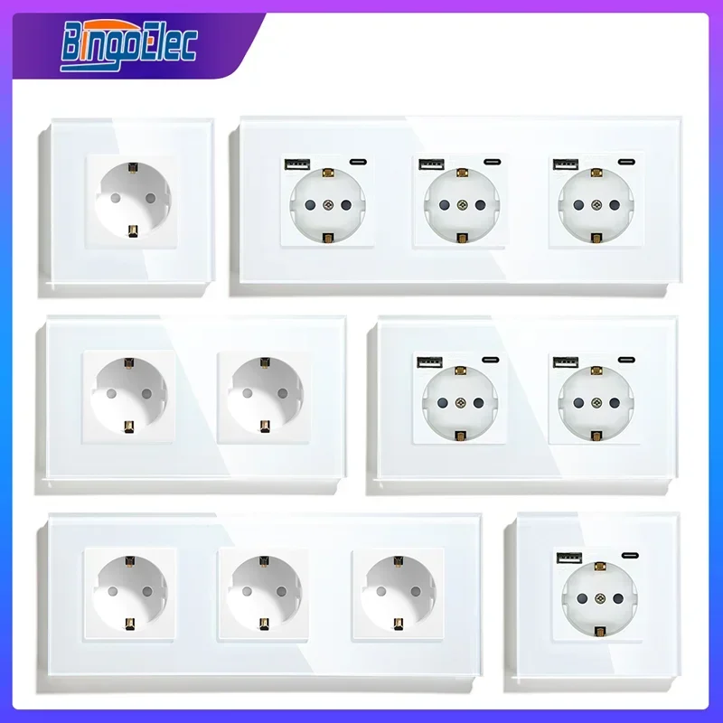 Standard Power Single Socket Crystal Usb Double Outlet Tipo-c Tomadas de Parede Tripla Vidro de Parede 16a eu