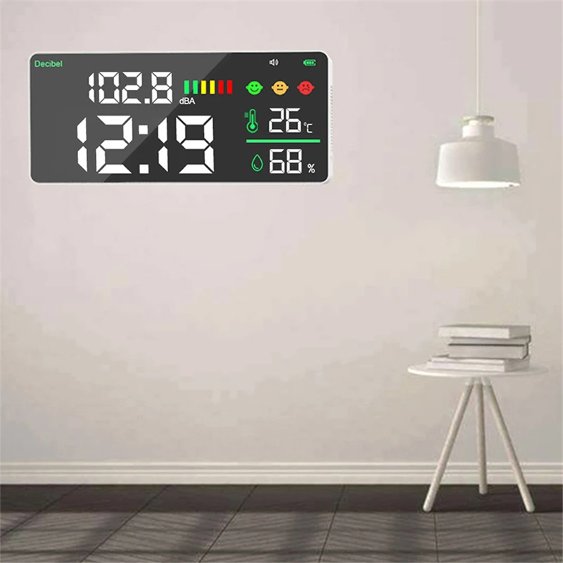 

Wall Hanging Digital Decibel Sound Meter 30-130dB Noise Measuring Instrument Temperature and Humidity Monitor USB Charging