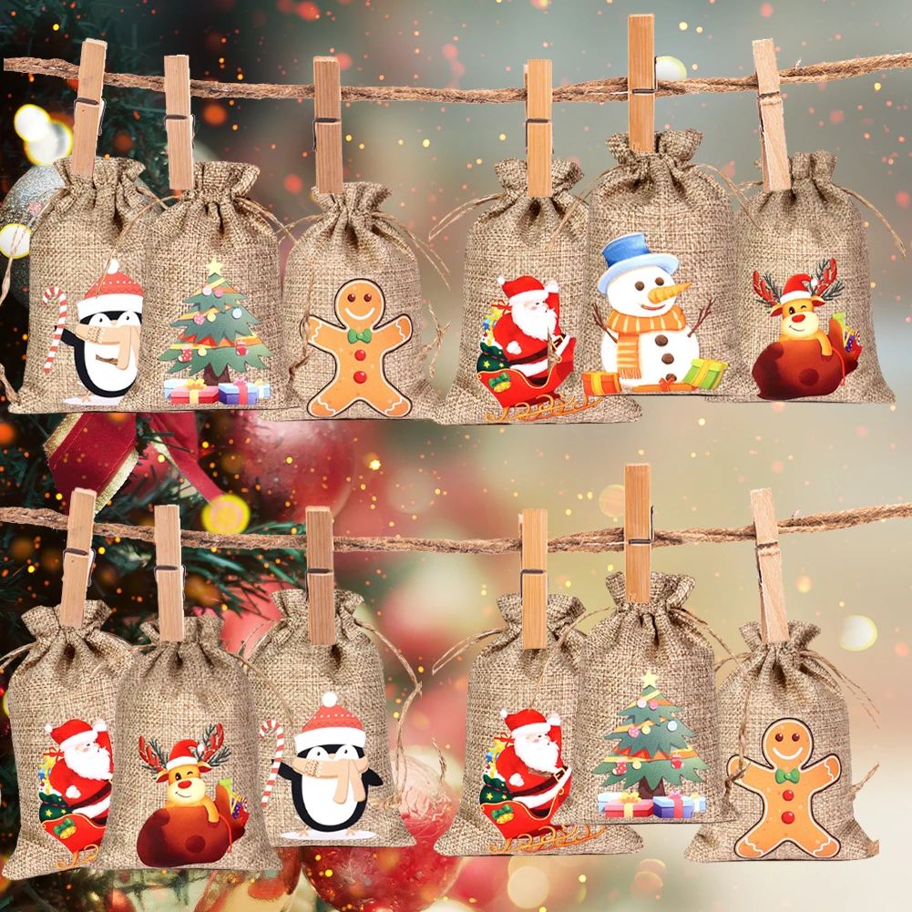 24pcs/set DIY Christmas Advent Calendar Gift Bags 24 Days Christmas Advent Calendar Bags Cloth 24 Days Countdown Set Candy Bag