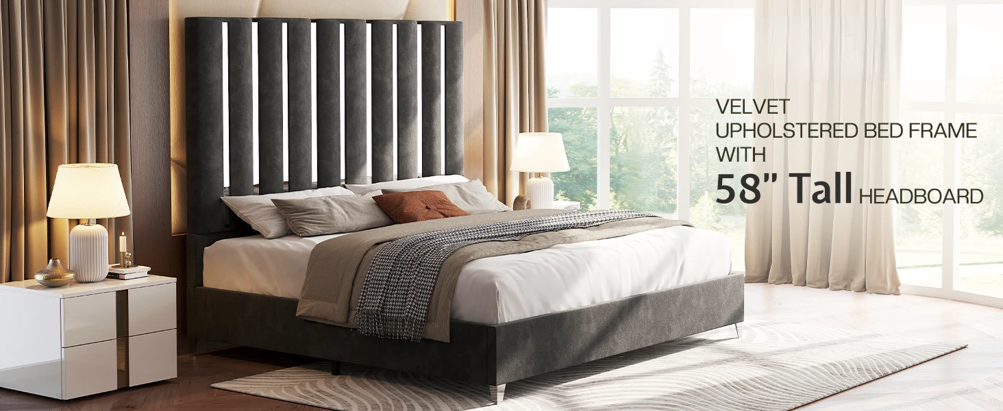 Description Picture 2 of itemKing Bed Frame with 58" Tall Headboard, with Silver Plating Trim, No Box Spring Needed, Velvet Upholstered Bed Frame