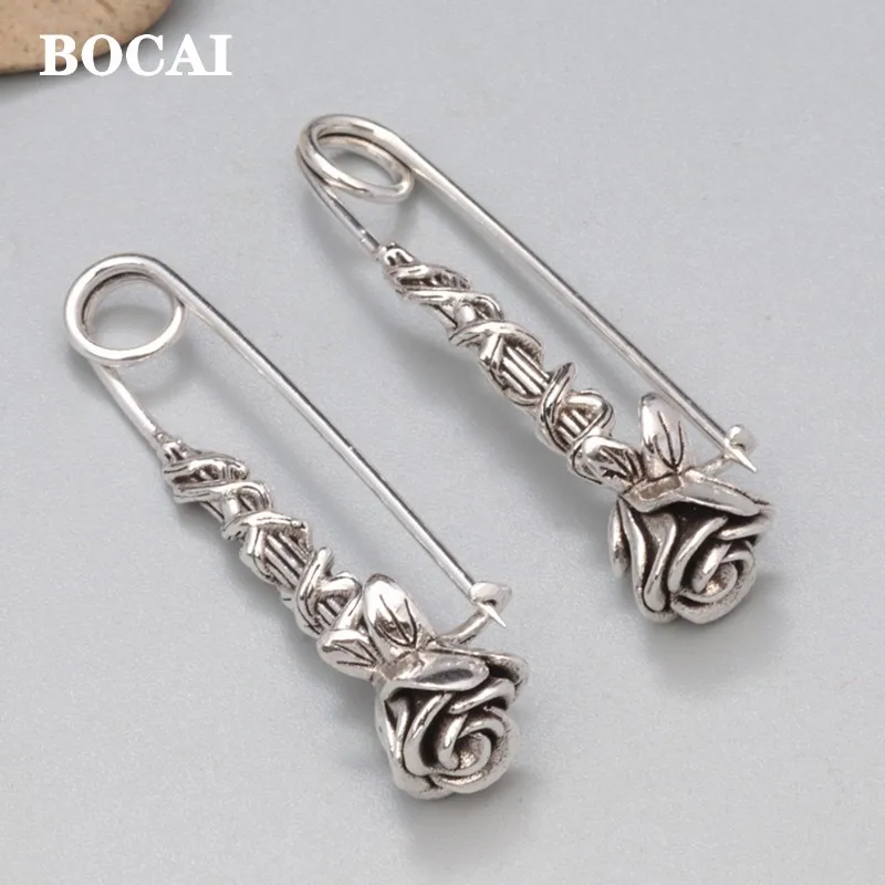 BOCAI-Broche en argent véritable S925 pour femme, épingle rose originale, vintage, chic, mode, accessoires simples, cadeau de Noël, nouveau