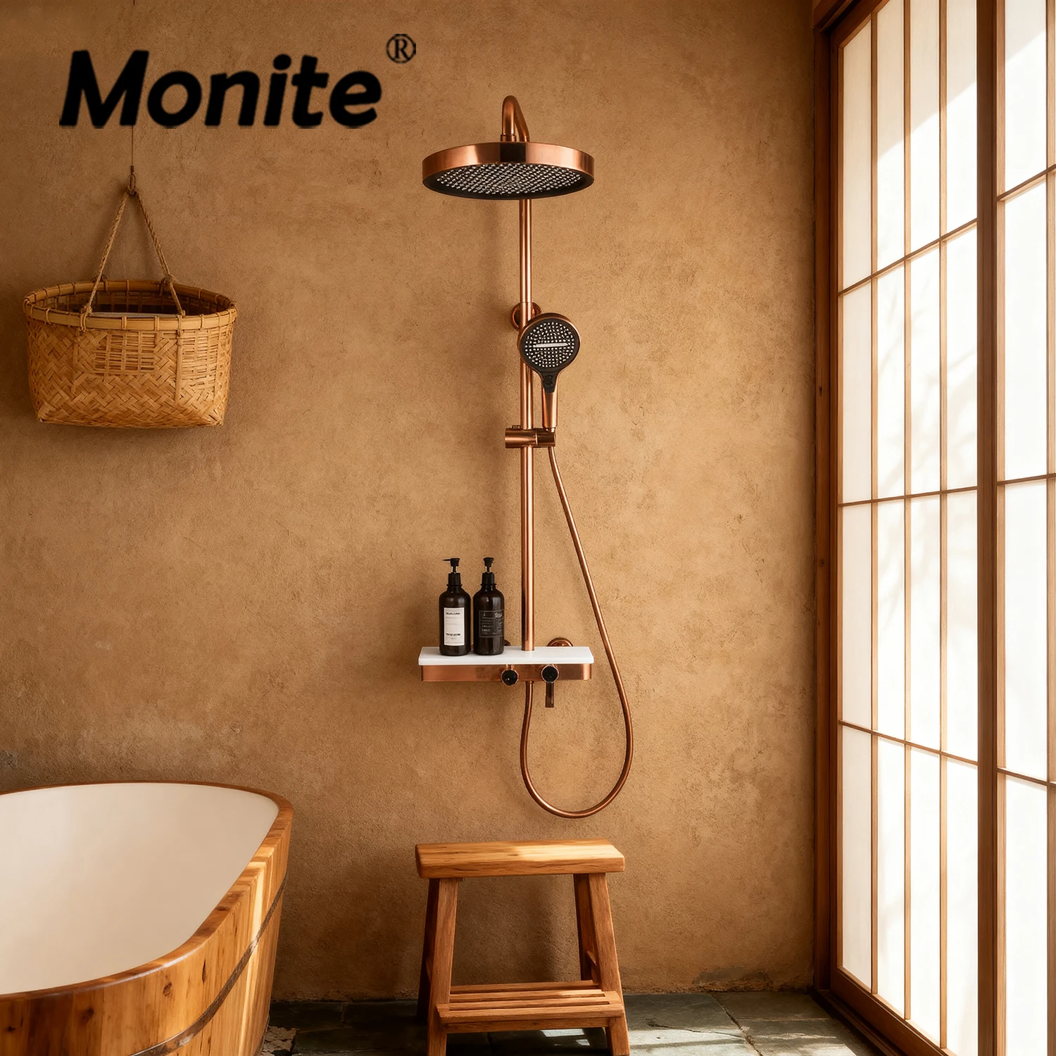 ชุดฝักบัวอาบน้ำสีโรสโกลด์ รุ่น Monite พร้อมระบบควบคุมน้ำร้อนน้ำเย็นแบบฝนตก ปุ่มควบคุมสามฟังก์ชั่น พร้อมฝักบัวมือ 1