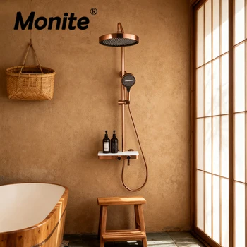 ชุดฝักบัวอาบน้ำสีโรสโกลด์ รุ่น Monite พร้อมระบบควบคุมน้ำร้อนน้ำเย็นแบบฝนตก ปุ่มควบคุมสามฟังก์ชั่น พร้อมฝักบัวมือ 1