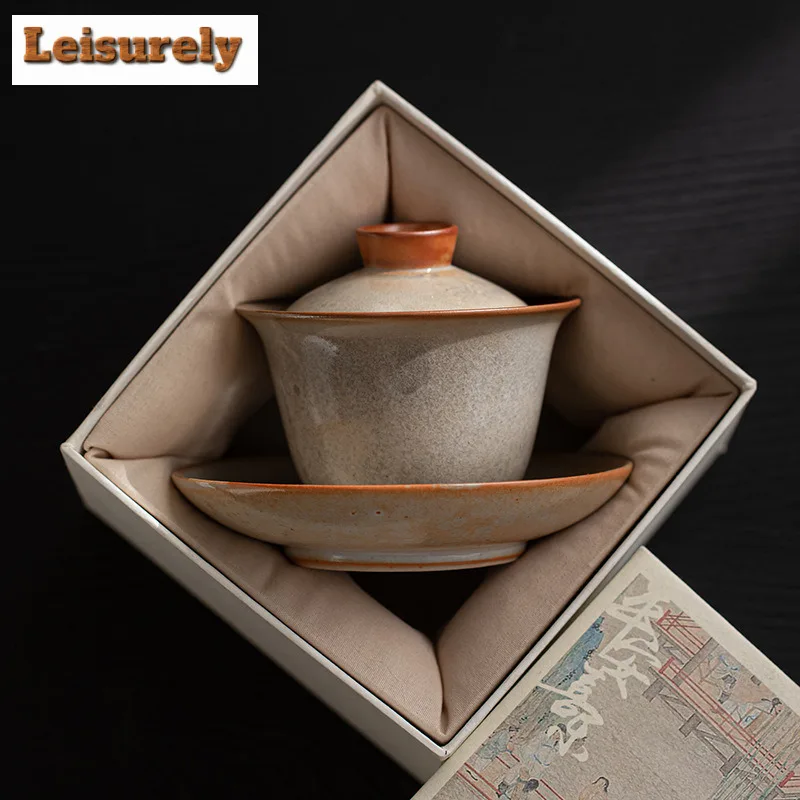 160ml Zhiye Wood-fired Porcelain Gaiwan Ancient Tea Tureen Tea Bowl with Lid Kit Tea Making Cover Bowl Chinese Tea Set Ornaments