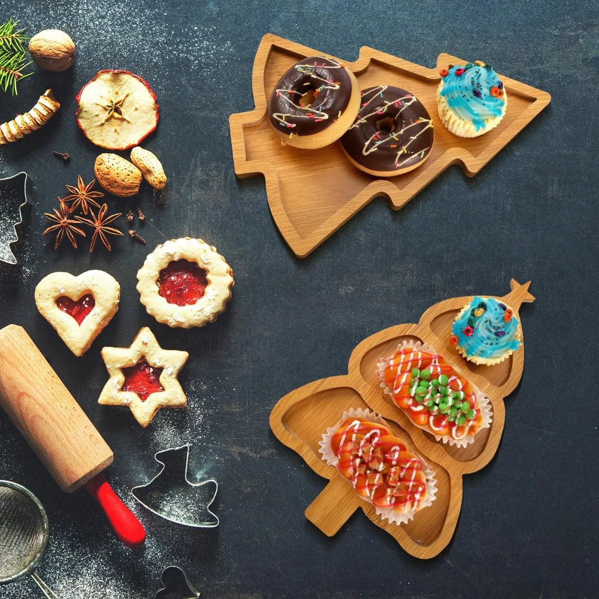 wooden Christmas tree plate tray food appetizers desserts snacks sushi Japanese sashimi plate restaurant