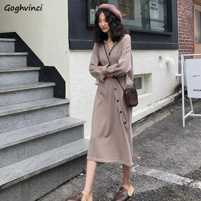 

Long Sleeve Dresses Autumn New Loose Mid-calf Casual Single-breasted Design Ladies Fashion Elegant Harajuku Solid Simple Retro