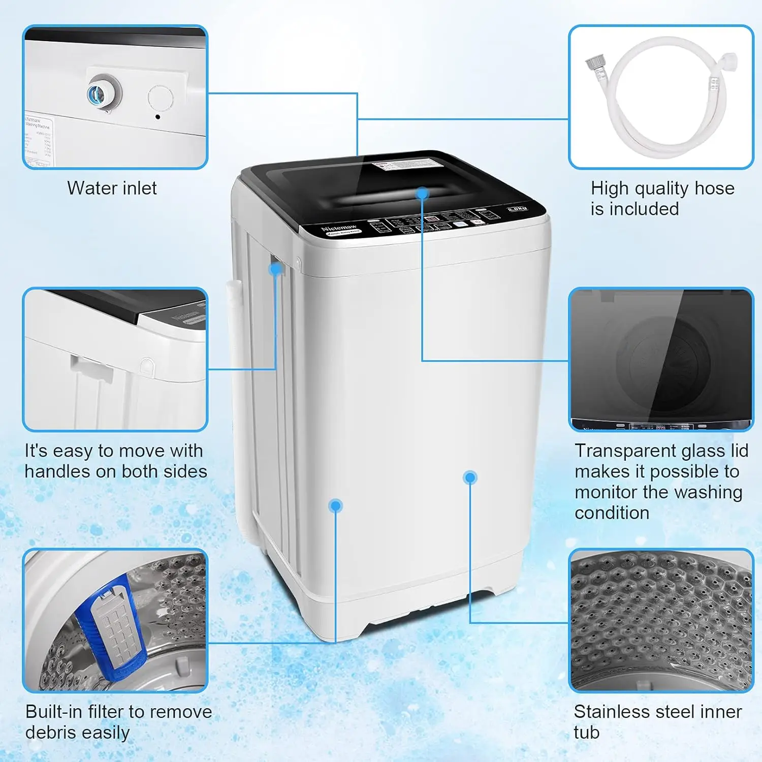 17.8Lbs Portable Washing Machine Nictemaw Portable Washer 2.3 Cu.ft Washer and Dryer Combo with Drain Pump 10 Programs