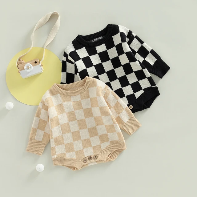 Baby Boy Girl Knit Checkerboard Plaid Sweater Romper Pullover Soft