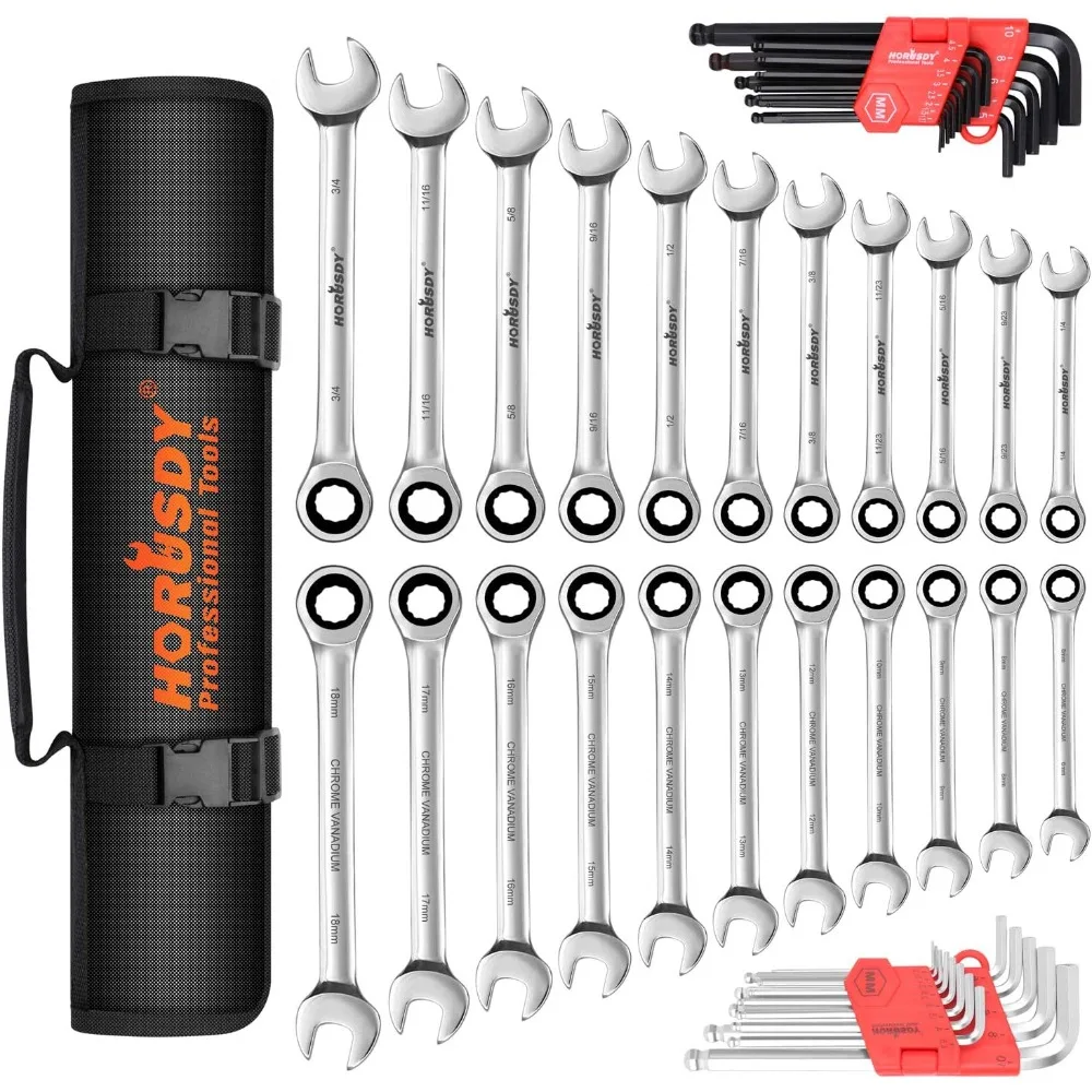 

Ratcheting Wrench Set 48-Piece Cr-V Steel 72 Teeth Ratchet Wrench 6-18mm & SAE 1/4-3/4" with Roll Up Pouch