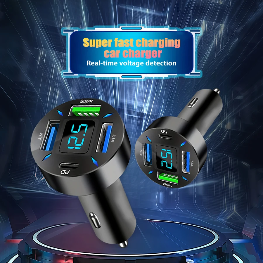 4-in-1 Multi-Port Car Charger With Digital Display Voltage Detection Multi-Function Fast USB+TYPE C Speed Charging