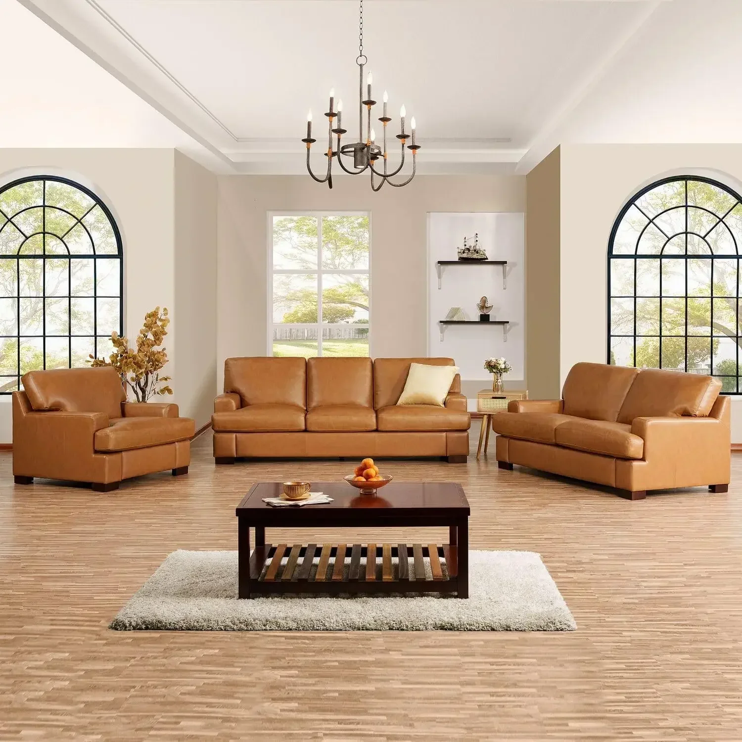 Hot Siggy Genuine Leather Sofa-Set of 3 Luxurious Comfort, Goose Feather Cushion Filling, Square Arm Design, Sturdy Block