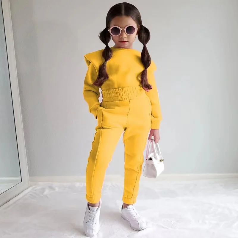 ESHOO Girls Fall Outfits 2 Piece Kids Velour Tracksuit Ruffle Long Sleeve Sweatshirt Sweatpants Cute Clothing Sets 2-10Y