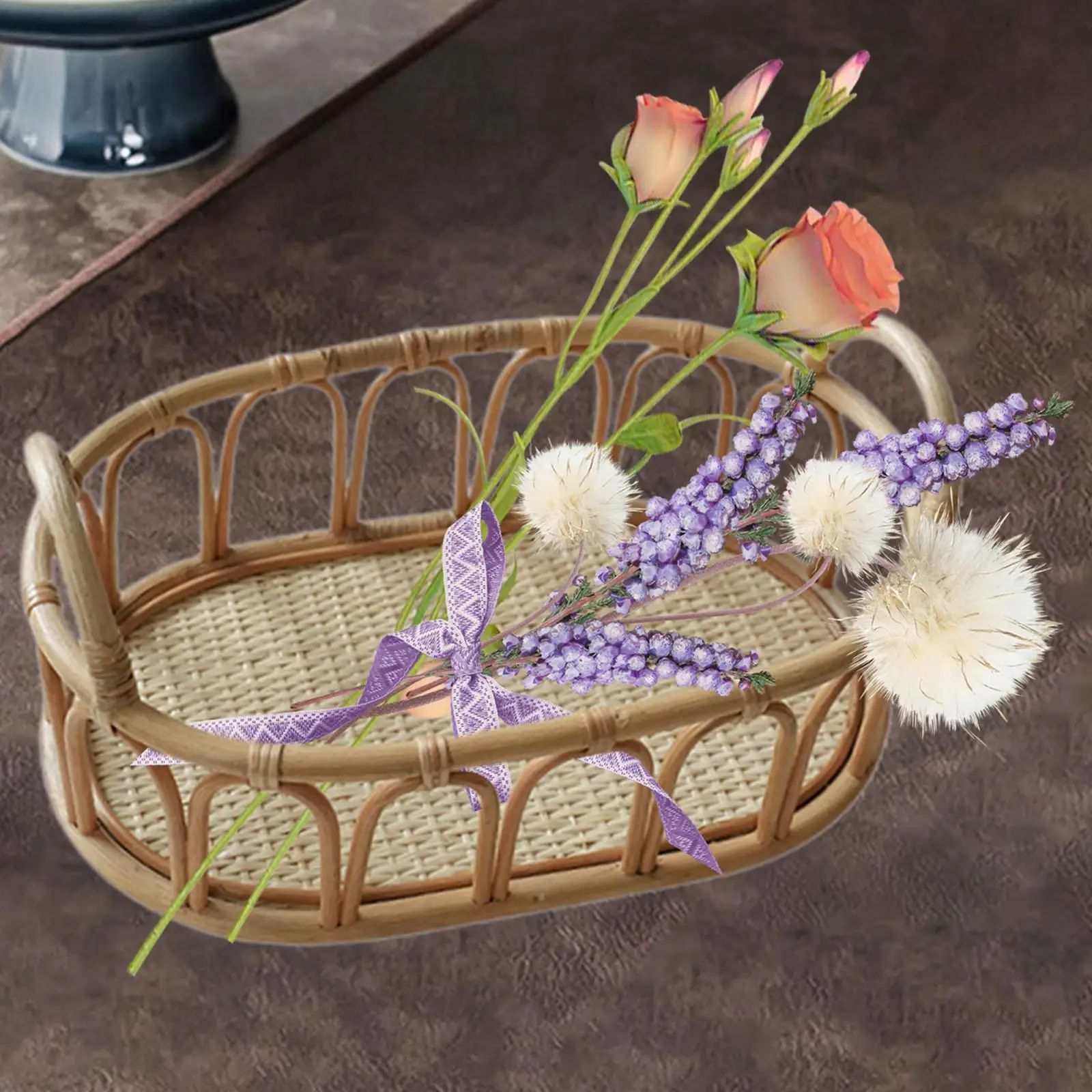 Rattan Woven Basket Oval Fruit Serving Tray with Handle Desktop Storage Box for Fruits Sundries Snacks Kitchen Counter Organizer 4