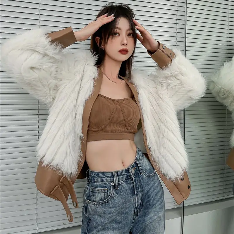 

2023 Spring Korean Version Design Sense V Neck Panels Slim Imitation Fur Short Coat Female Clothing Free Shipping