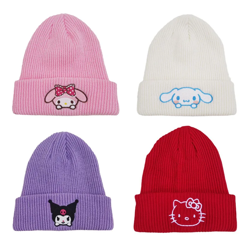 

Hello Kitty Anime Cartoon Knit Cap Sanrio Cinnamoroll Kuromi My Melody Child Beanies Kawaii Cute Embroidery Girls Warm Hat Gifts