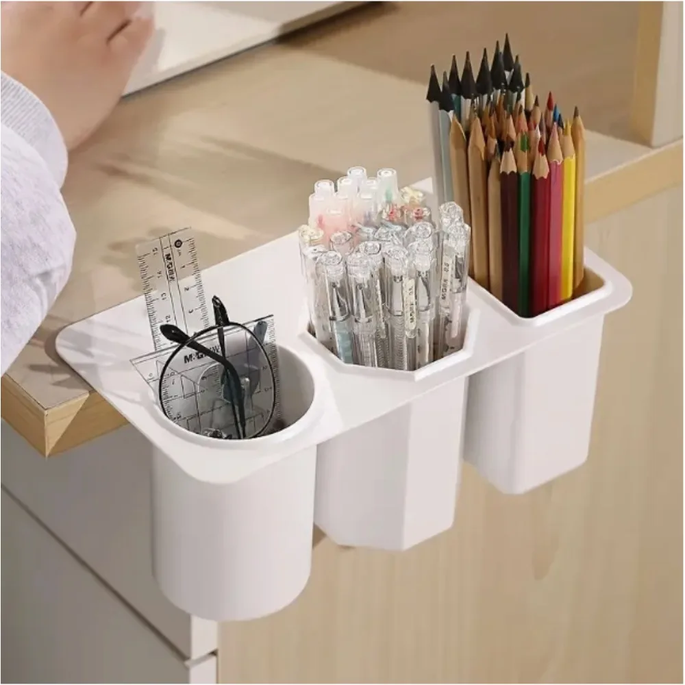 Plastic Desk Organizer 3-Compartment Stick-On Storage Box Large Capacity for Makeup Brushes Lipsticks Pens Office School Use