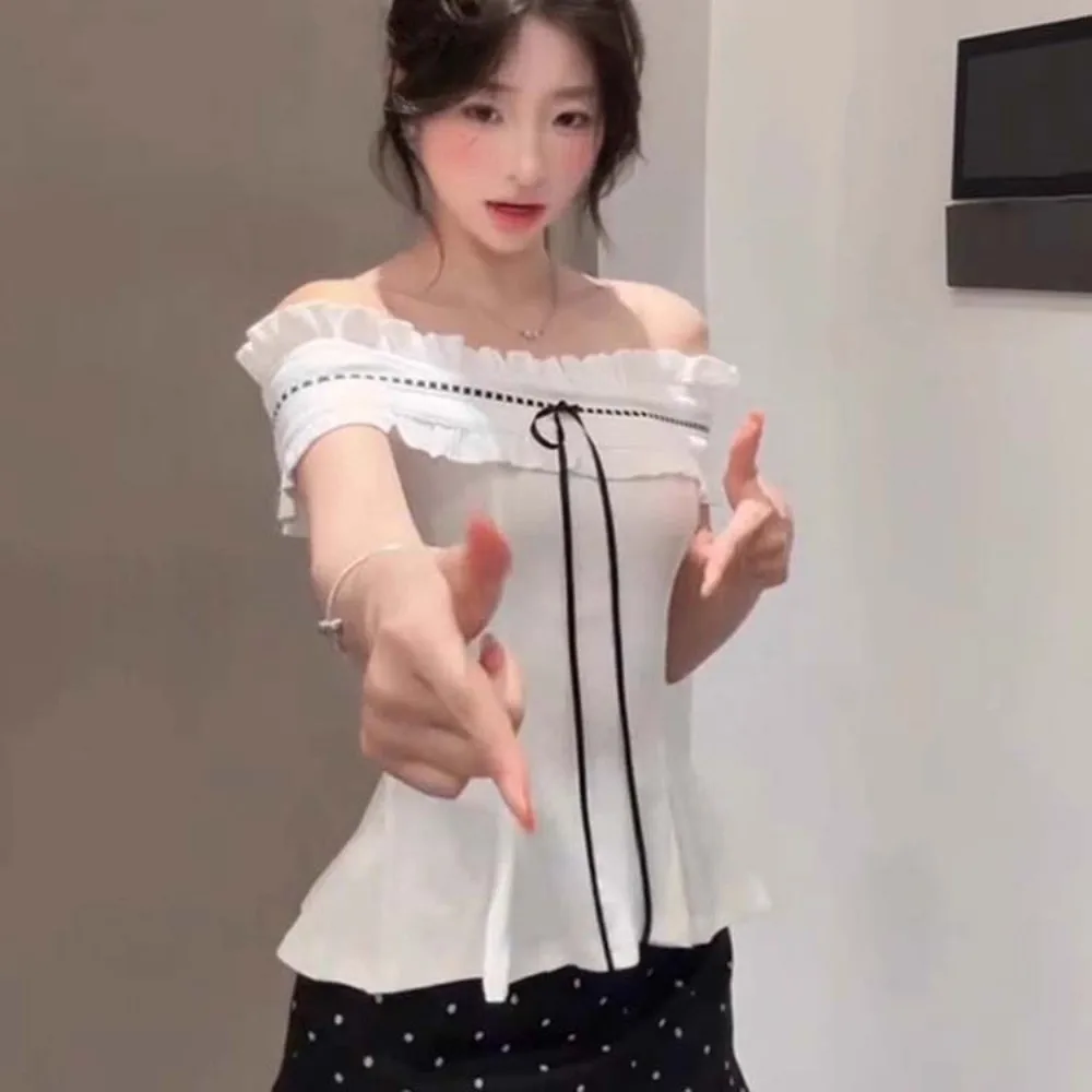White Off-shoulder Ruffle Shirt Korean Y2K Ins Lace-up Cute Bow Ruffle Shirt Tops Pleated Collar Spicy Girl Style