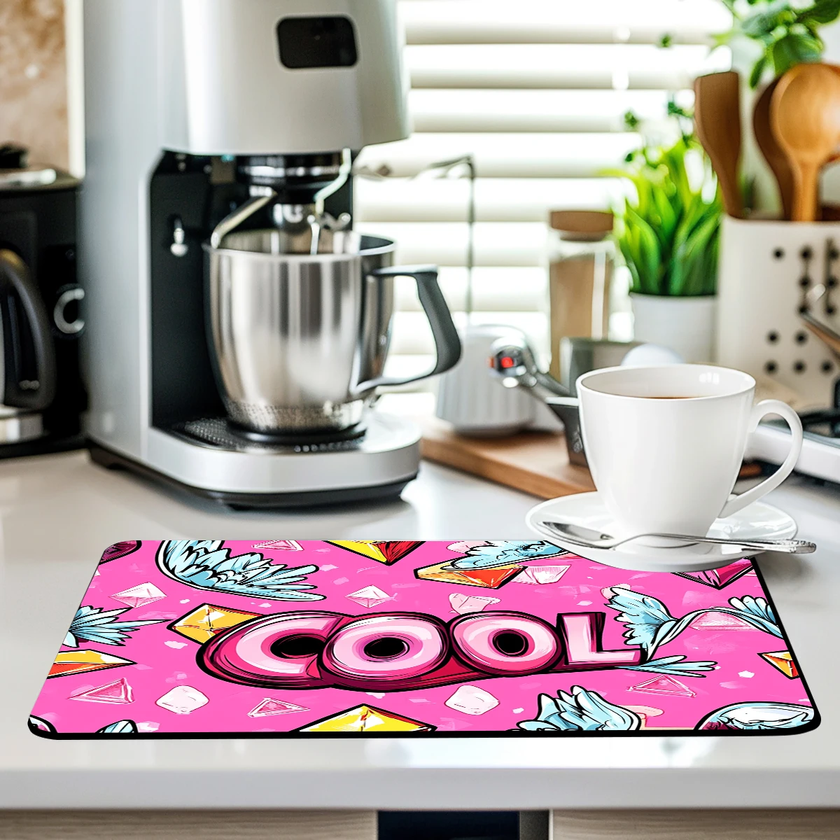 Coffee Mat Love Diamond Crown Absorbent Draining Dish Drying Mat Dry Bathroom Tableware Stain Rubber Backed Absorbent