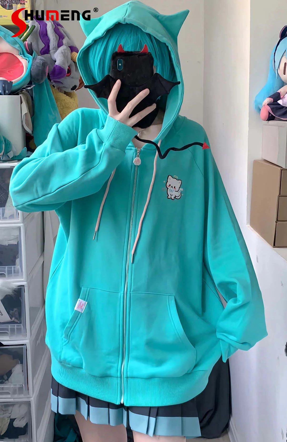 Japanese Sweet Women's Cat Embroidered Lake Blue Hooded Hoodies 2023 Autumn New Loose Cute Fleece-Lined Padded Sweatshirt Coat fleece lined tracksuits women casual solid warm suits hoodies sweatpants autumn winter pullover sweatshirts pants 2 piece set