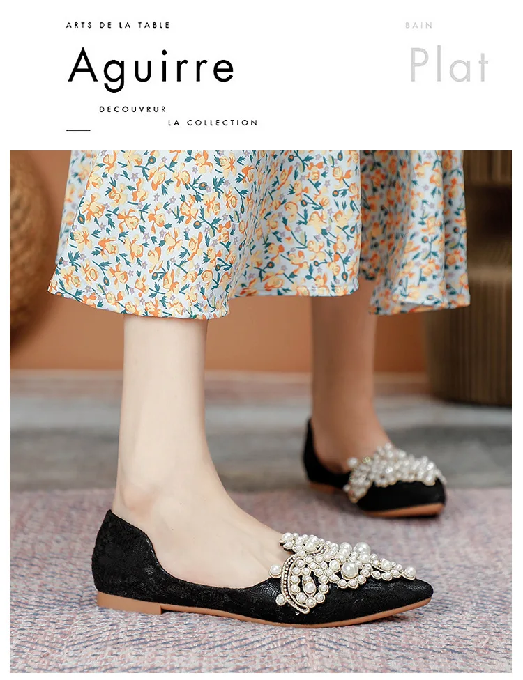 Shoes Women 2023 Designer Beads Wedding  Lace Embroider Flats Woman Ballerina Pointed Toe Pearl Loafers Sneakers Plus Size