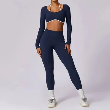 Set da yoga 2 pezzi abbigliamento sportivo da donna push up abbigliamento da allenamento abbigliamento sportivo palestra legging reggiseno fitness crop top tute sportive a maniche lunghe 1