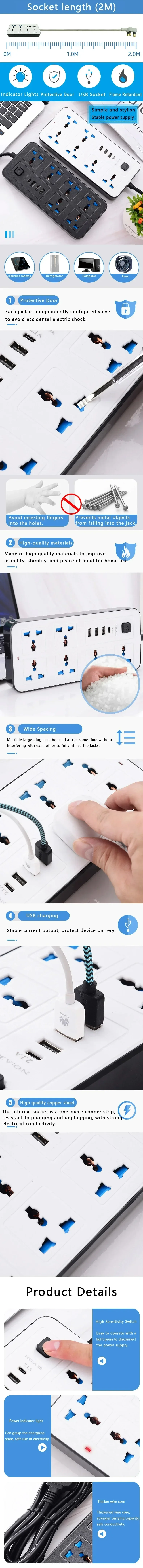 Description Picture 2 of itemTypeC USB Port Outlet Power Strip Universal Power Strip 2M Extension Cord AC Power Socket Charge Electrical Socket EU/US/UK Plug