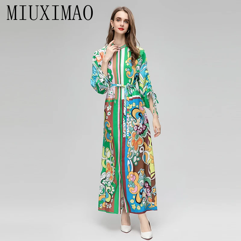 

MIUXIMAO 2023 Fall Dress 3/4 Sleeve Flower Print Retro Elegant Casual Loose Long Dress Women Vestidos Beach Dresses Belt