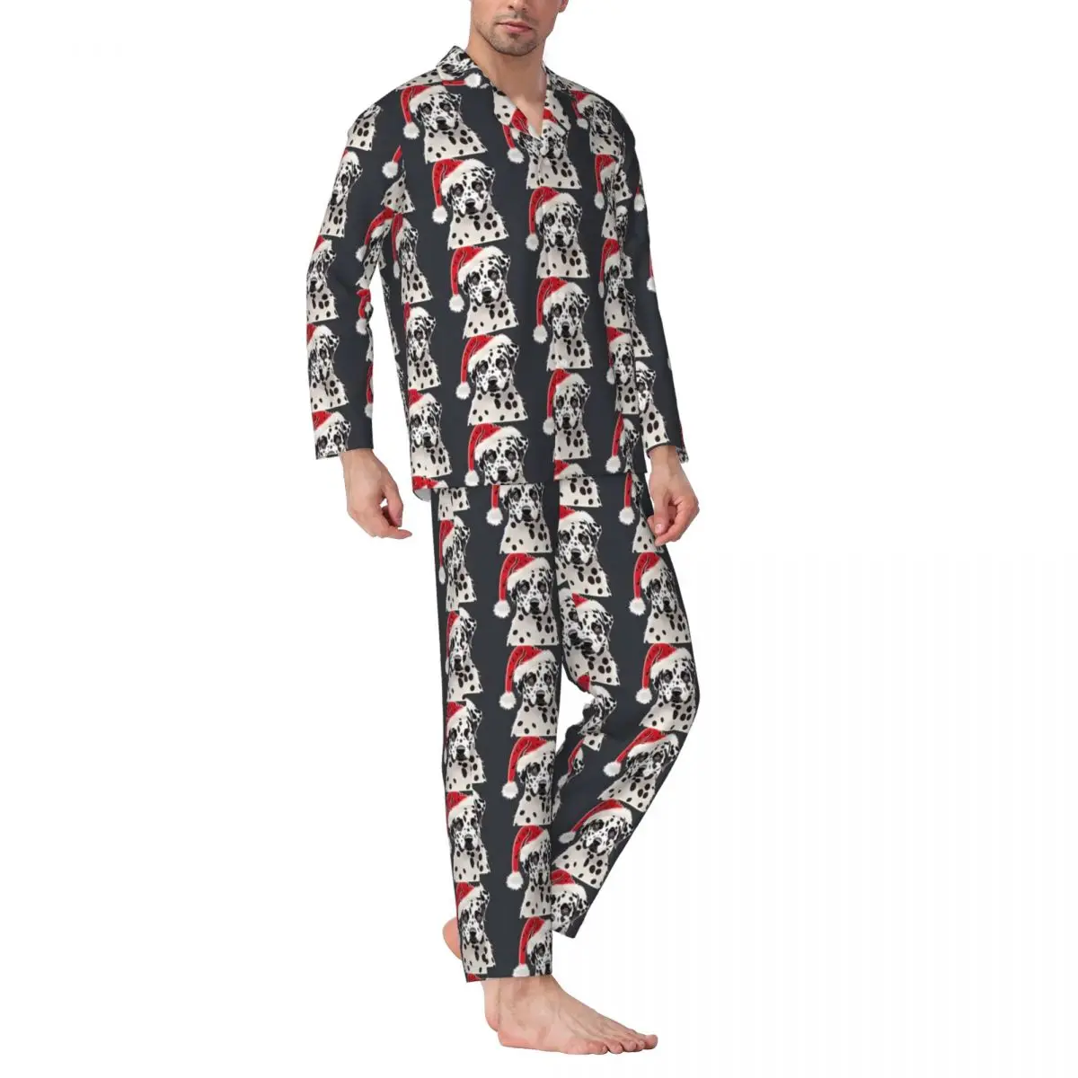 

Pajamas Man Christmas Dalmatian Daily Sleepwear Animal Lovers 2 Piece Casual Pajamas Set Long Sleeve Fashion Oversized Home Suit