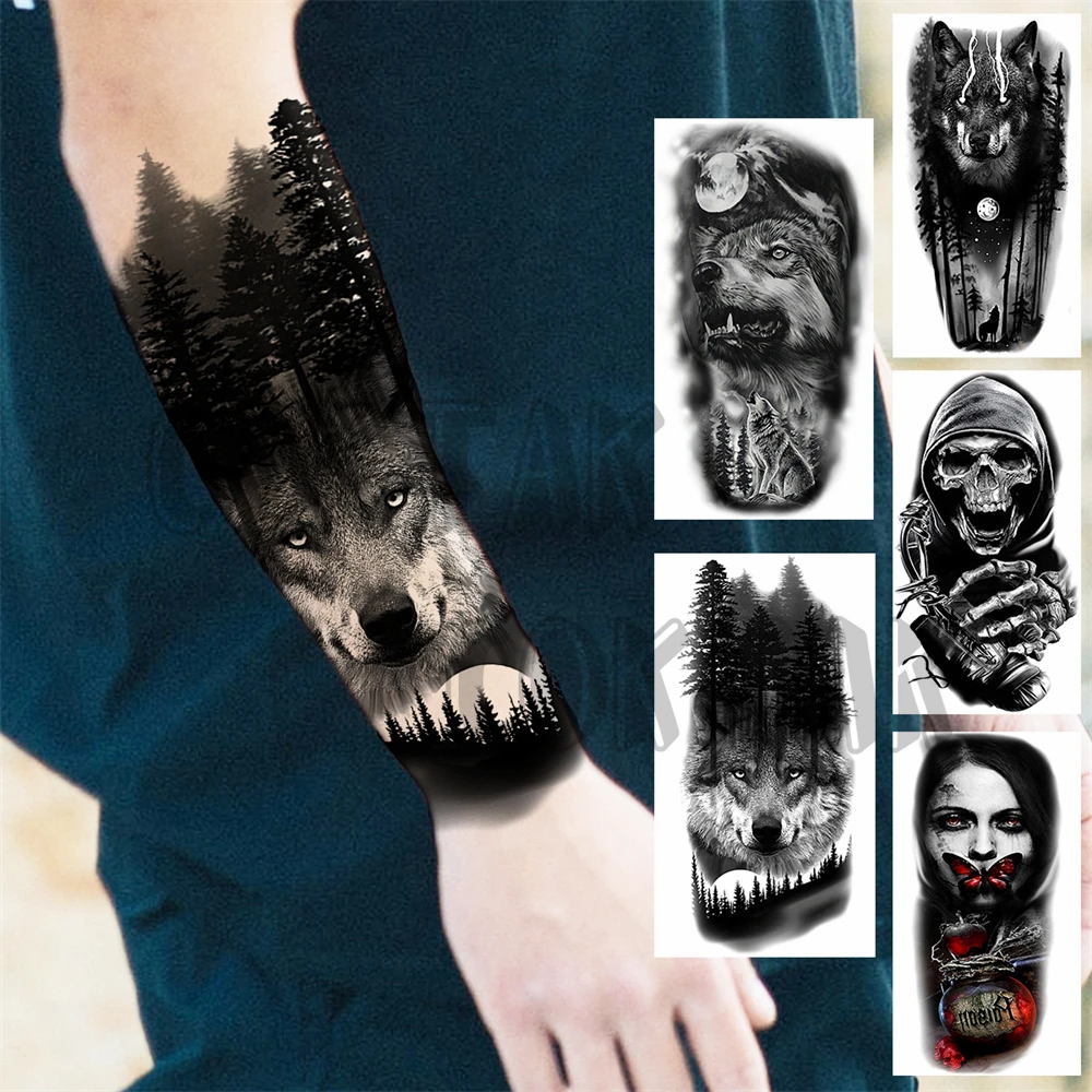 Black Wolf Forest Temporary Tattoos For Men Women Realistic Lion Samurai Skull Vampire Fake Tattoo Sticker Forearm Tatoos Custom