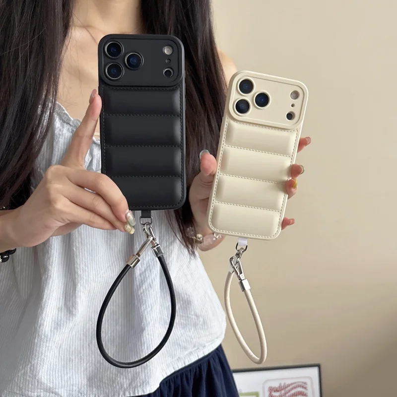 Luxury Wave Puffer Down Jacket Wrist Strap Phone Case - Solid Color Soft Cover