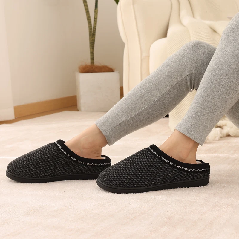 Shevalues Men's Winter Fluffy Slippers Indoor Memory Foam Durable Rubber Sole Flat Cotton Shoes New Warm Plush Men House Slipper