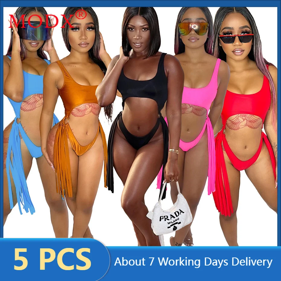 2022 Summer Women Bodysuits Sexy Tassel Swimwears Hollow Out Beach Holiday Romper Solid Color Bulk Items Wholesale Lots M8923 |