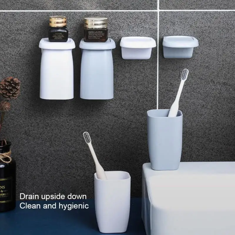 Toothbrush Storage Rack 1PC Magnetic Toothbrush Cup Holder Wall Mounted Punch Free Tumblers Drain Mouthwash Bathroom