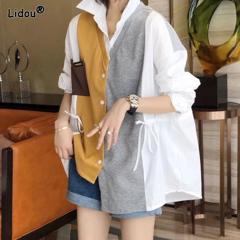 

Loose Contrasting Colors Splicing Asymmetrical T-Shirts Women's Clothing Turn-down Collar Casual Button Spring Summer Drawstring