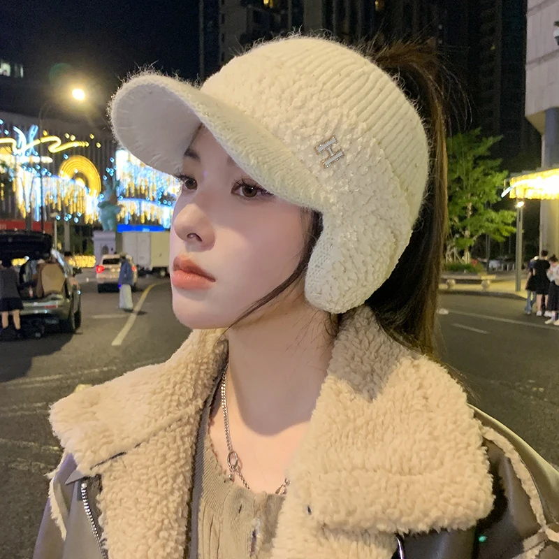 K329-Hat Women's Winter Riding Knitted Ear-proof Duck Tongue Hat Fashion Versatile Plush Warm Hollow Top Ear Cap Women's Hat 2