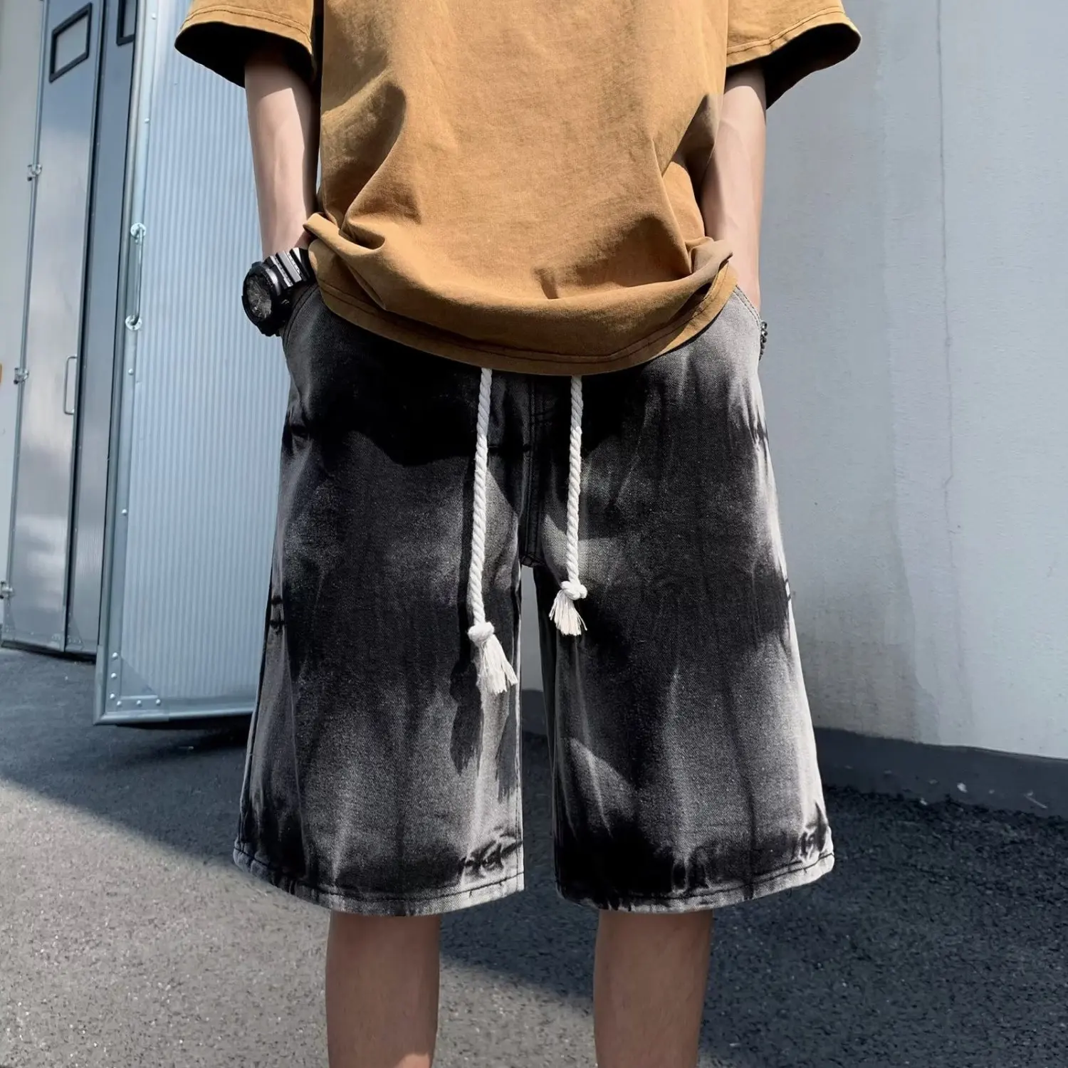 

Tie Dyed Washed Denim Shorts for Men Summer Trend Casual Loose Straight Wide Legs Men's Jeans Shorts Elastic Waist Streetwear