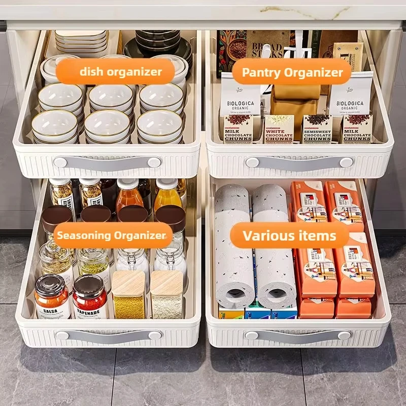 Kitchen Storage Tray Pull out Cabinet Organizer Slide out Drawers Fixed with Adhesive Roll out Shelf Storage for Kitchen Base 2